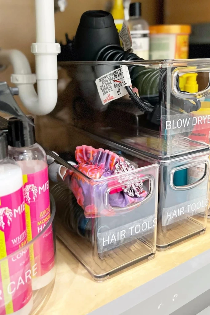 Labeled Clear Bins for Hair Tools