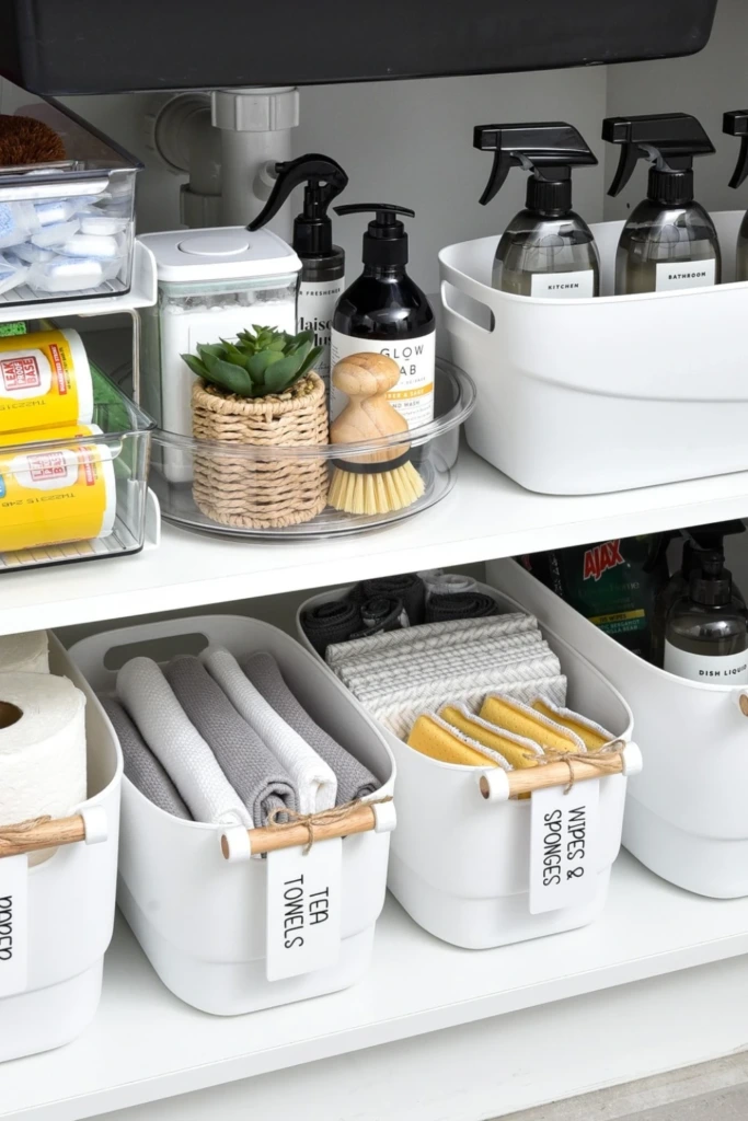White Bins with Wooden Handles