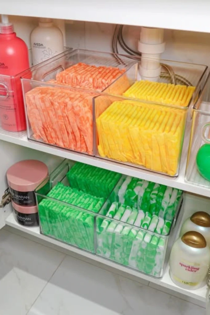 Color-Coded Bins for Bathroom Essentials