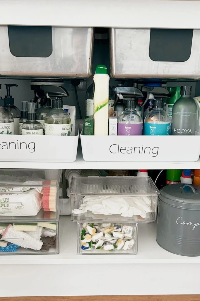 Labeled Cleaning Bins with Clear Stackable Storage